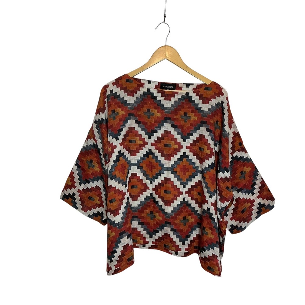 Eskandar 1 O/S Art-to-Wear Mughal Linen Tile Southwest Blouse Luxury Lagenlook